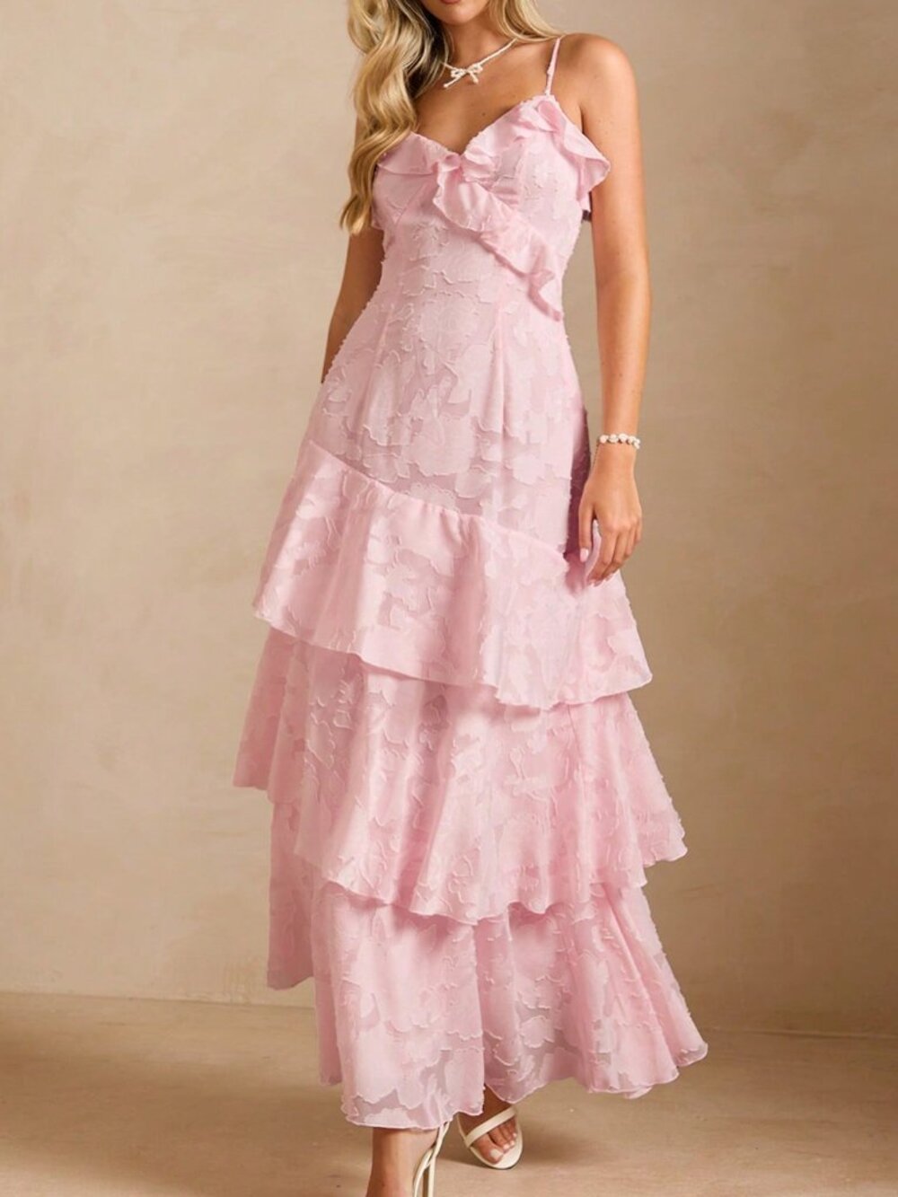 Pink Elegant Women's Romantic Cutout Patchwork Ruffle Slip Dress - Picture 3 of 7